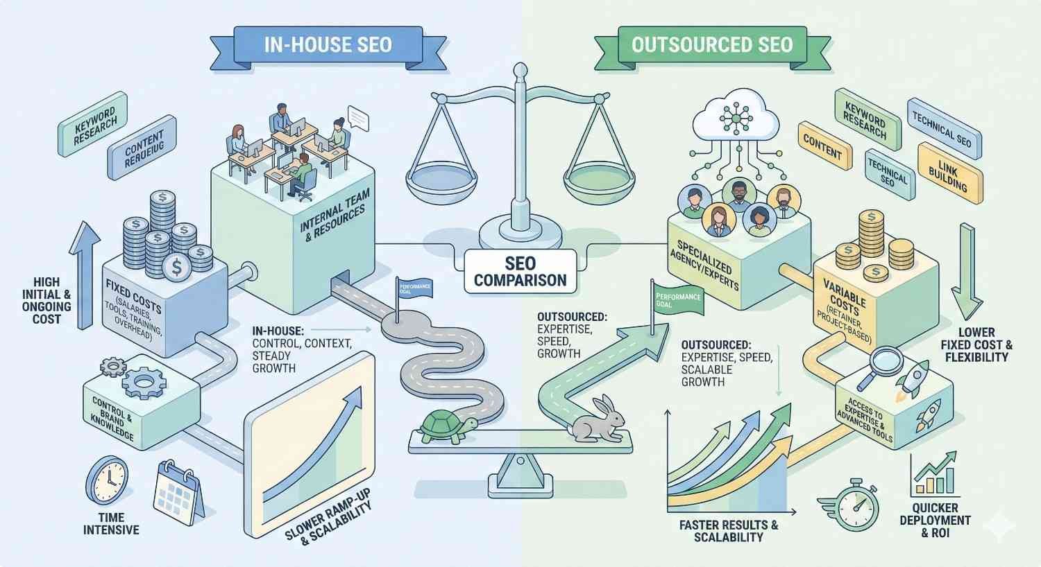 An infographic compares in-house versus outsourced SEO, showing internal teams, fixed costs, slower scaling, and control on one side, versus agency experts, variable costs, faster results, flexibility, and growth on the other, illustrated with scales, arrows, charts, and icons.