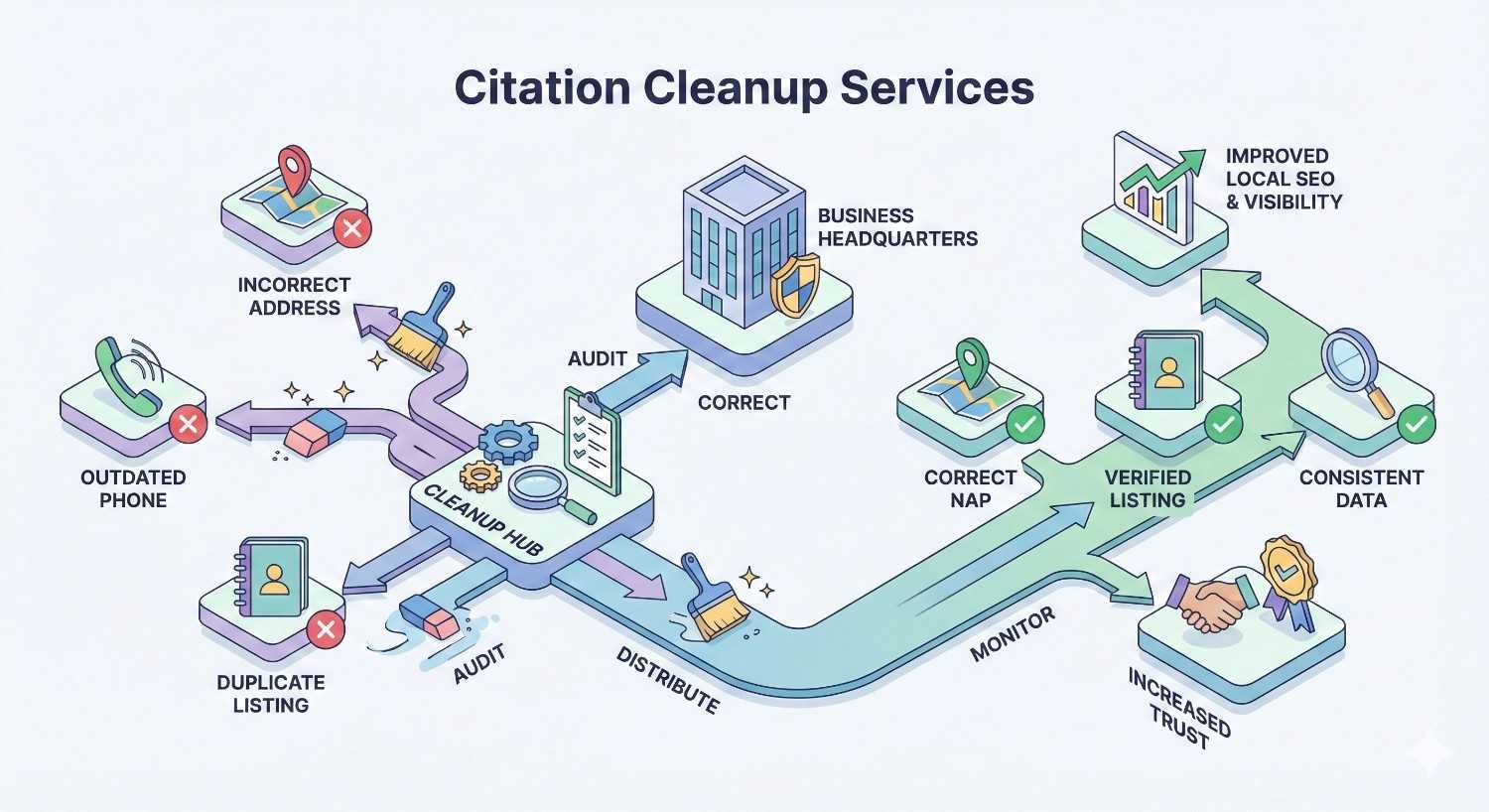 Isometric diagram titled “Citation Cleanup Services” showing a cleanup hub auditing and correcting incorrect addresses, outdated phone numbers, and duplicate listings, then distributing verified NAP data, monitoring accuracy, and resulting in consistent listings, increased trust, and improved local SEO visibility.