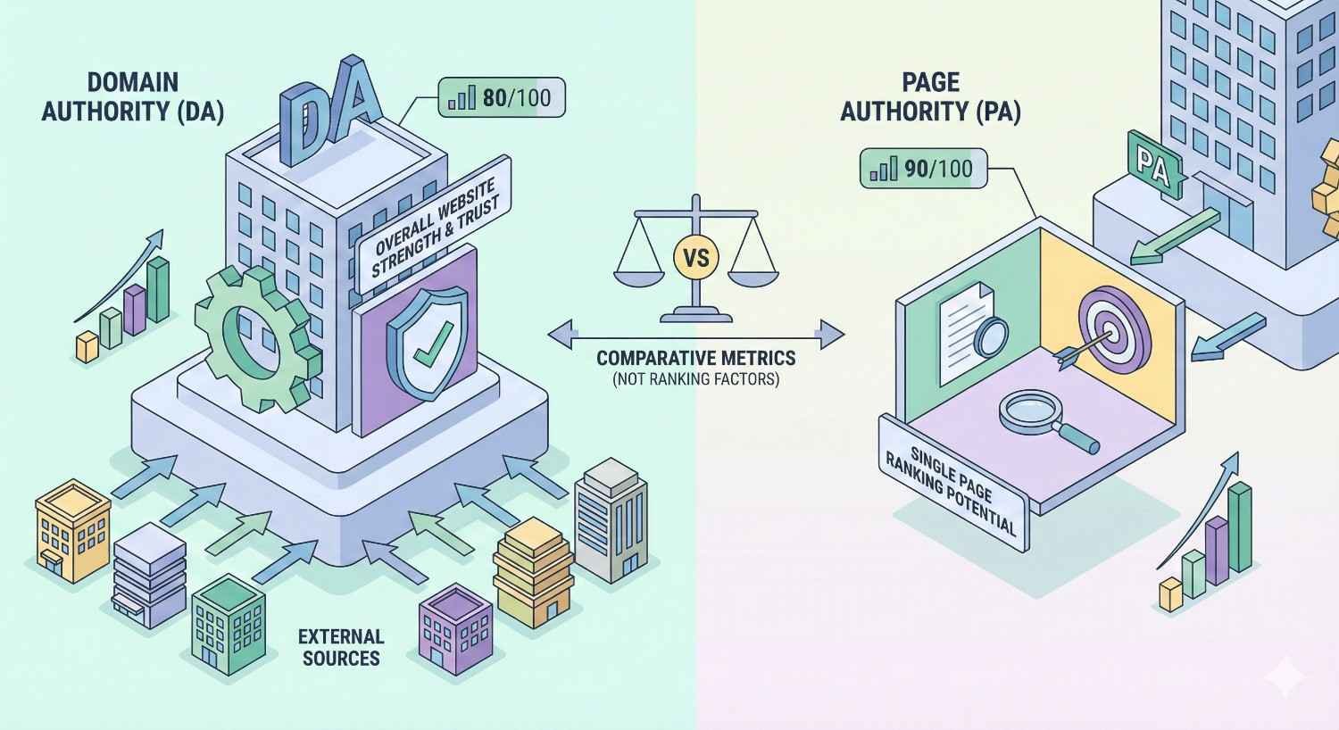 Side-by-side illustration comparing domain authority and page authority, showing sitewide trust from external links versus single-page ranking strength, with score gauges, buildings, arrows, and a scale highlighting they are comparative metrics, not direct ranking factors.