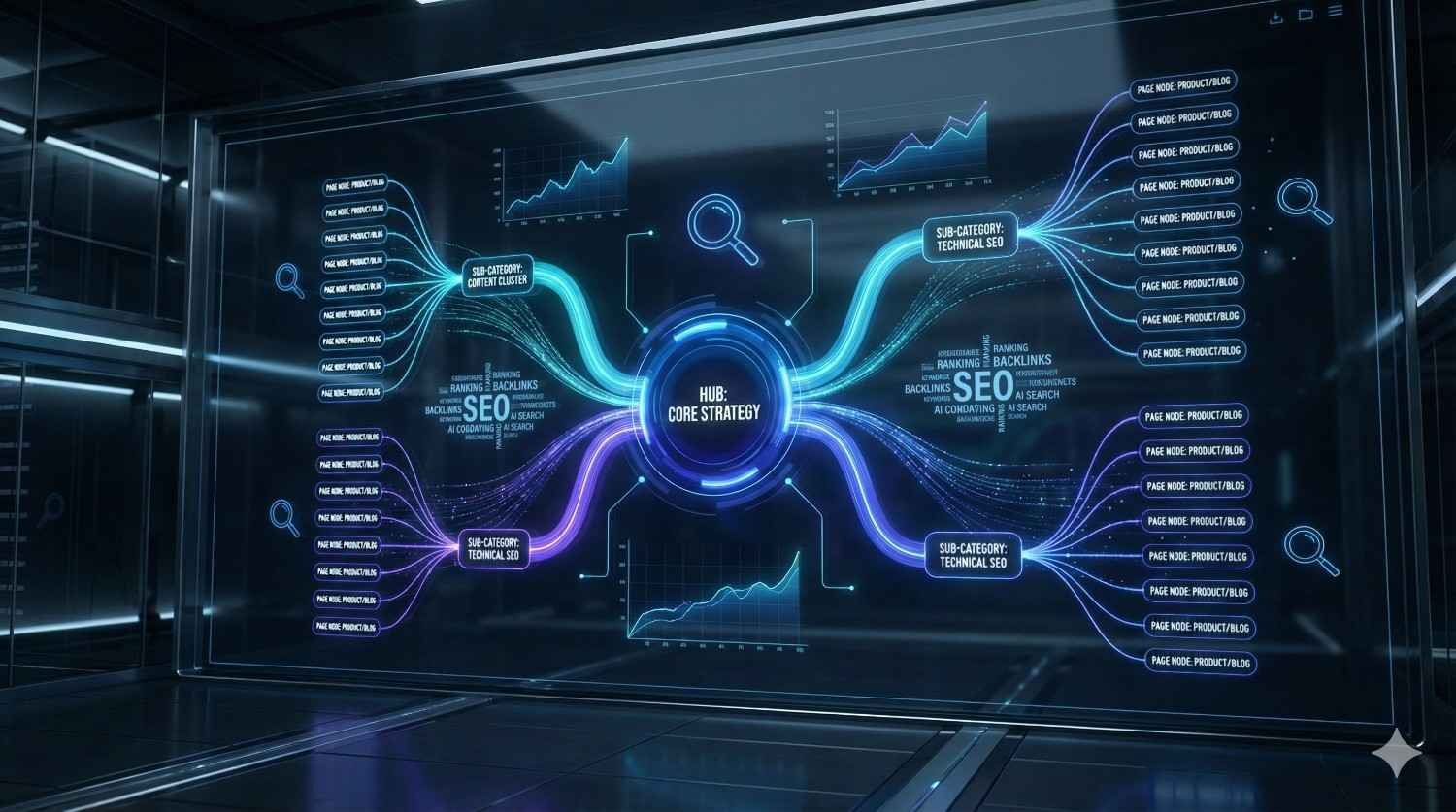 Futuristic wall-sized display visualizing an SEO hub-and-spoke strategy with glowing data streams connecting core strategy to subcategories, product pages, and technical SEO. Charts, graphs, and search icons surround the network, illustrating site architecture, ranking signals, and performance growth in a high-tech environment.