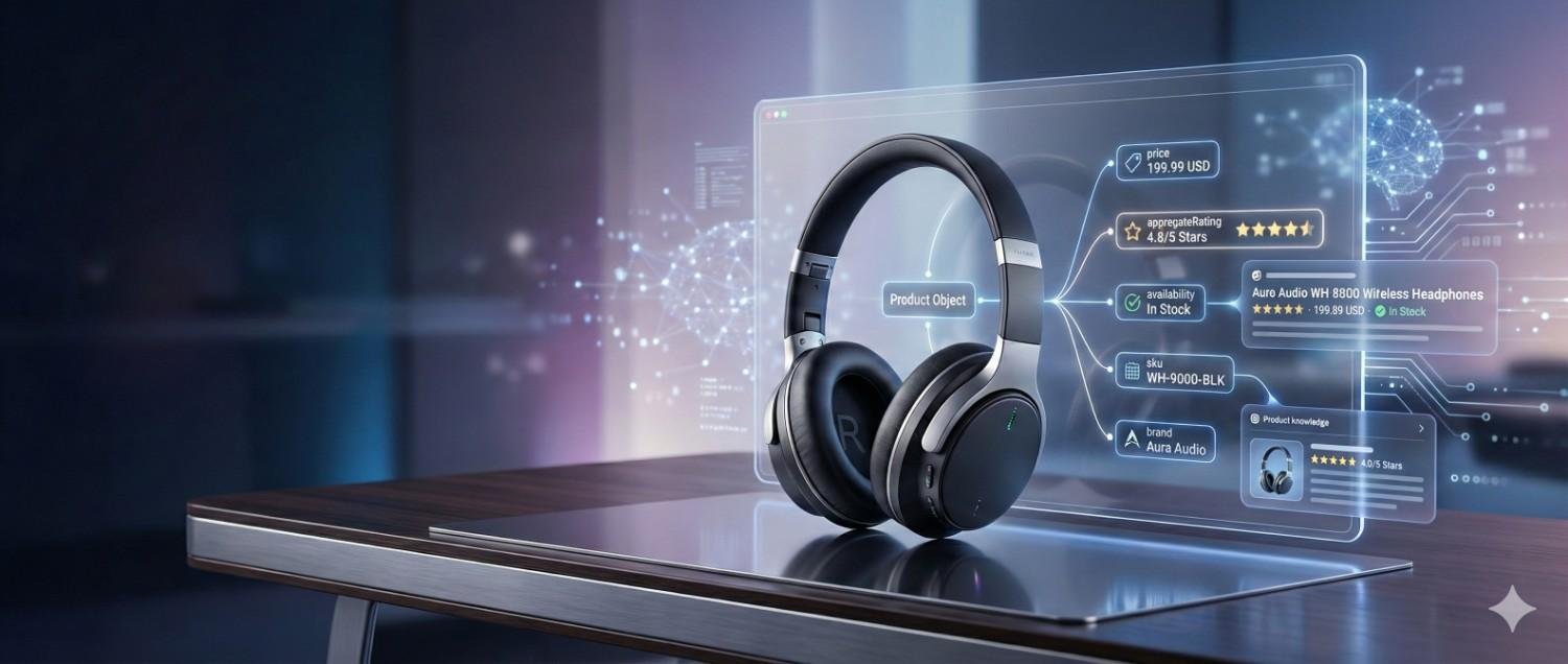 A pair of wireless headphones sits on a desk while a holographic SEO interface displays product schema data such as price, availability, ratings, brand, and model, with glowing network lines illustrating structured data, rich results, and ecommerce visibility enhancement.