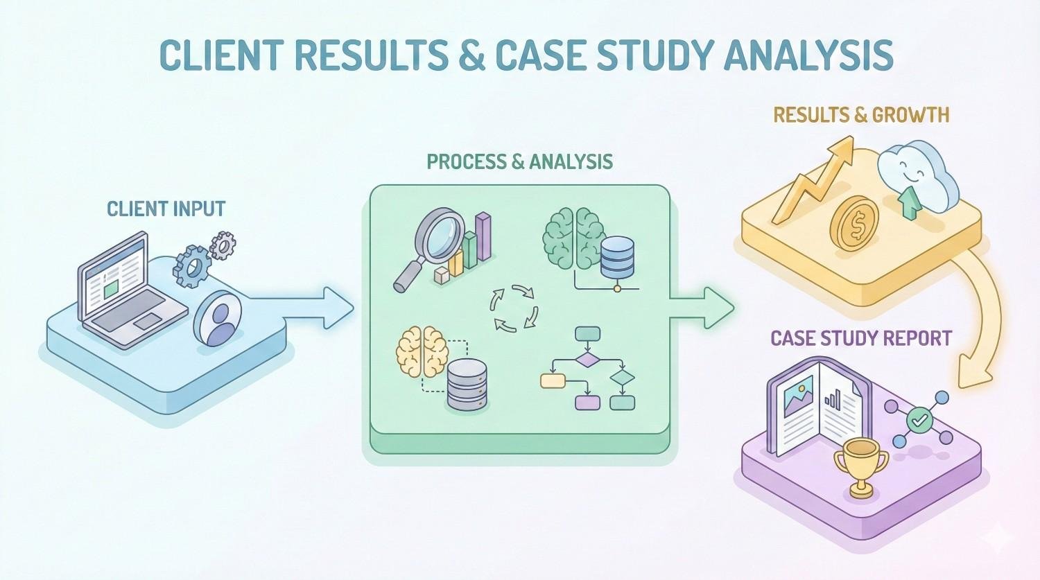 An isometric infographic titled “Client Results & Case Study Analysis” shows client input flowing into a process and analysis stage with data, charts, and workflows, then leading to results and growth, and a final case study report illustrated with a trophy and checklist icons.