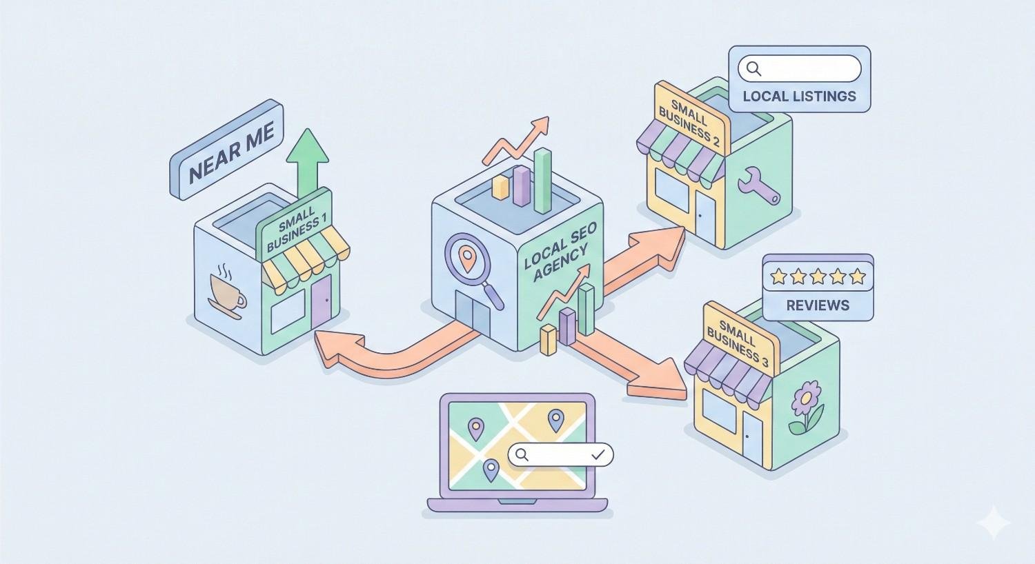 An illustration shows a local SEO agency connecting multiple small businesses, improving “near me” searches, local listings, reviews, and map visibility, with arrows indicating traffic flow and ranking growth between storefront icons and a laptop map search screen.