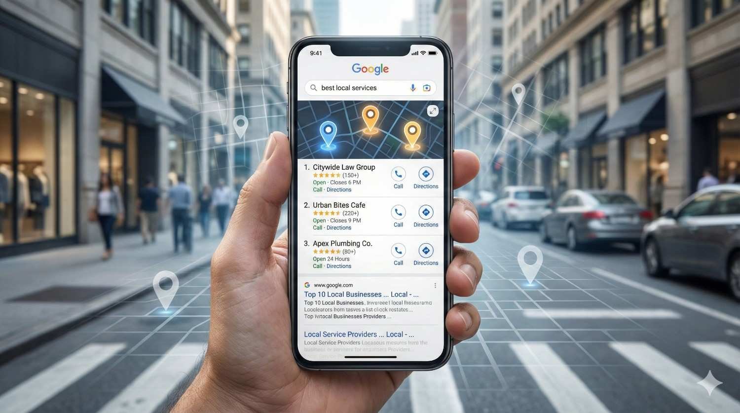 Hand holding a smartphone on a city street showing Google search results for “best local services,” with map pins, business listings, star ratings, and call or directions buttons overlaid on an urban background grid.