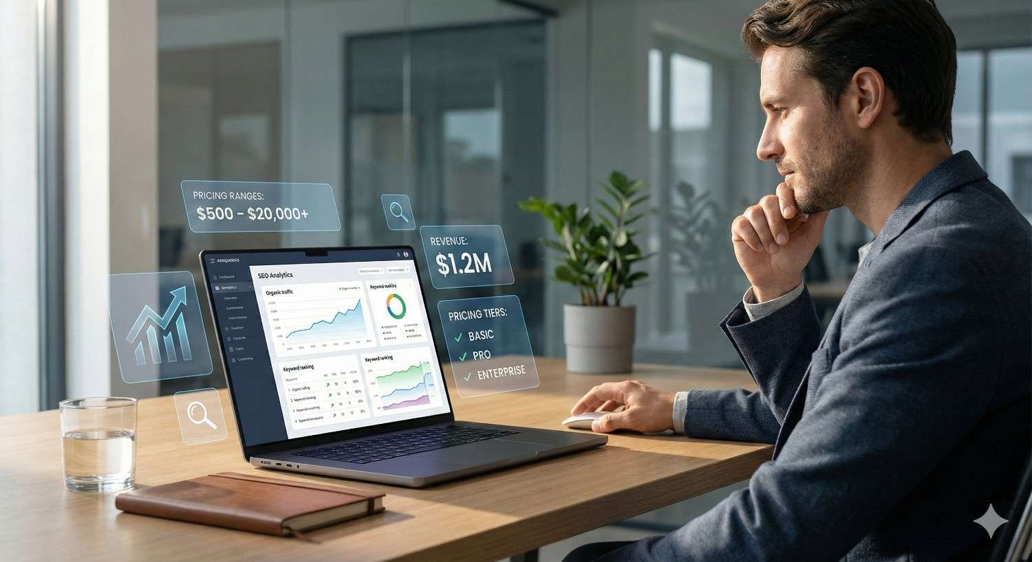 A man sits at a modern desk in a glass-walled office, studying a laptop displaying SEO analytics charts, revenue figures, and pricing tiers. Floating holographic icons show growth graphs, search symbols, and data panels beside a notebook and glass of water.