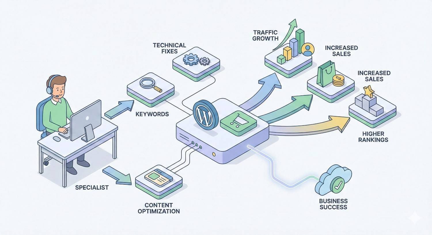 Isometric illustration of an SEO specialist working at a computer feeding keywords, technical fixes, and content optimization into a WordPress hub, with arrows leading to traffic growth, higher rankings, increased sales, and overall business success icons.