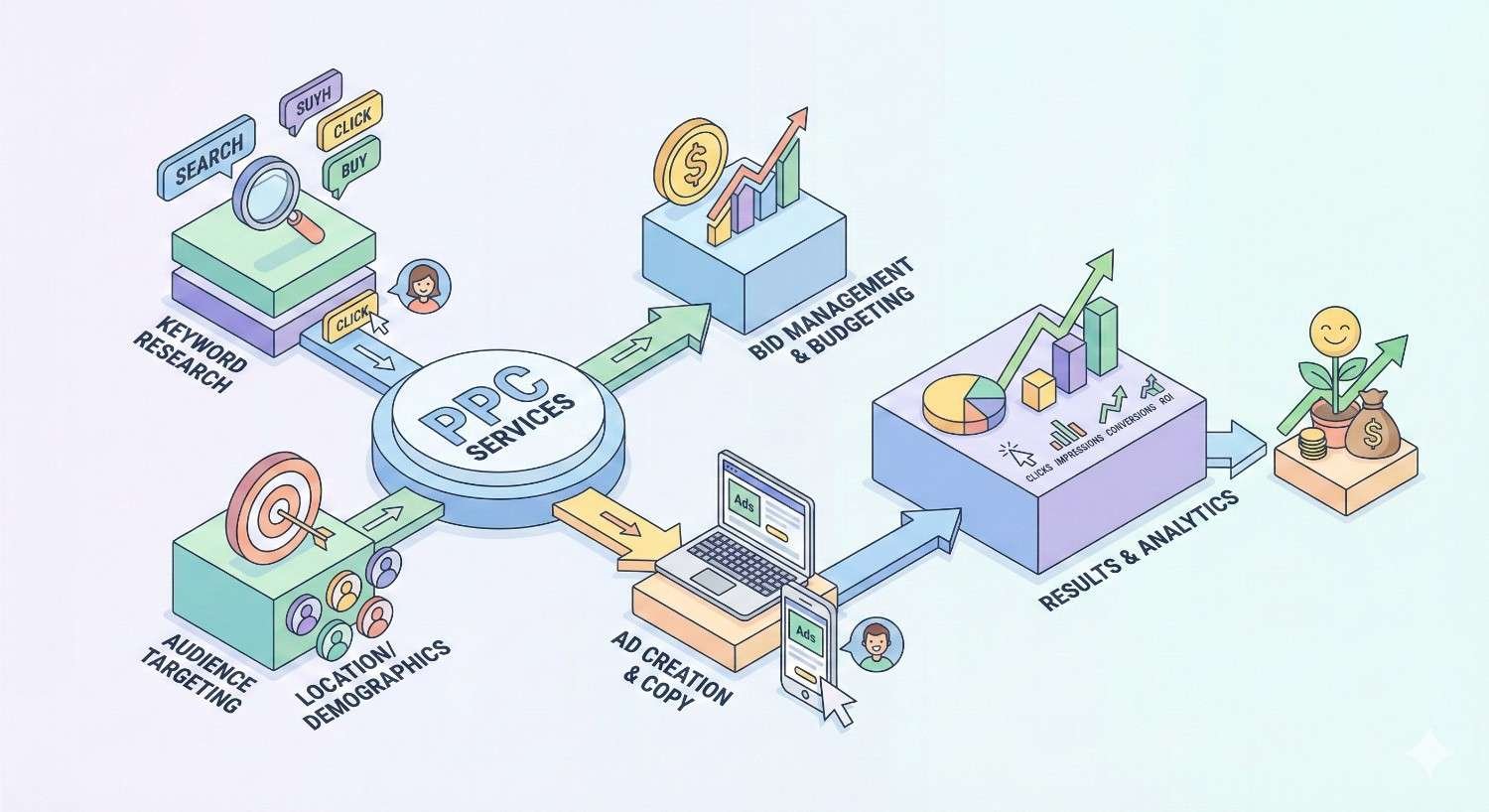 Infographic illustrating PPC services workflow: keyword research and audience targeting feed into ad creation, bid management, and budgeting, followed by results and analytics that drive growth and revenue, shown with charts, coins, upward arrows, and performance dashboards.