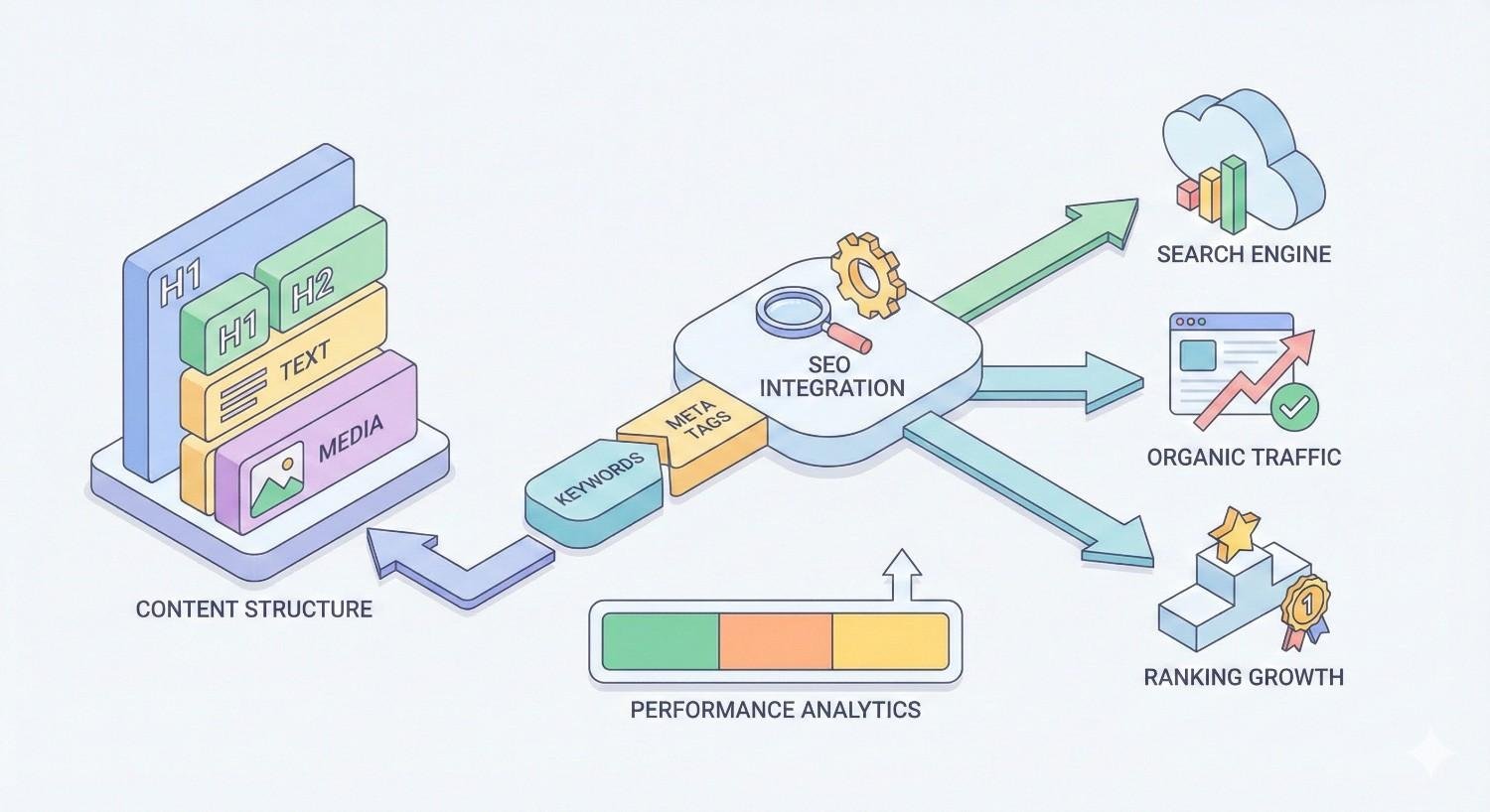 Diagram showing content structure with headings, text, and media feeding keywords and meta tags into SEO integration, monitored by performance analytics, then pointing toward search engines, increased organic traffic, and ranking growth with upward arrows and achievement icons.