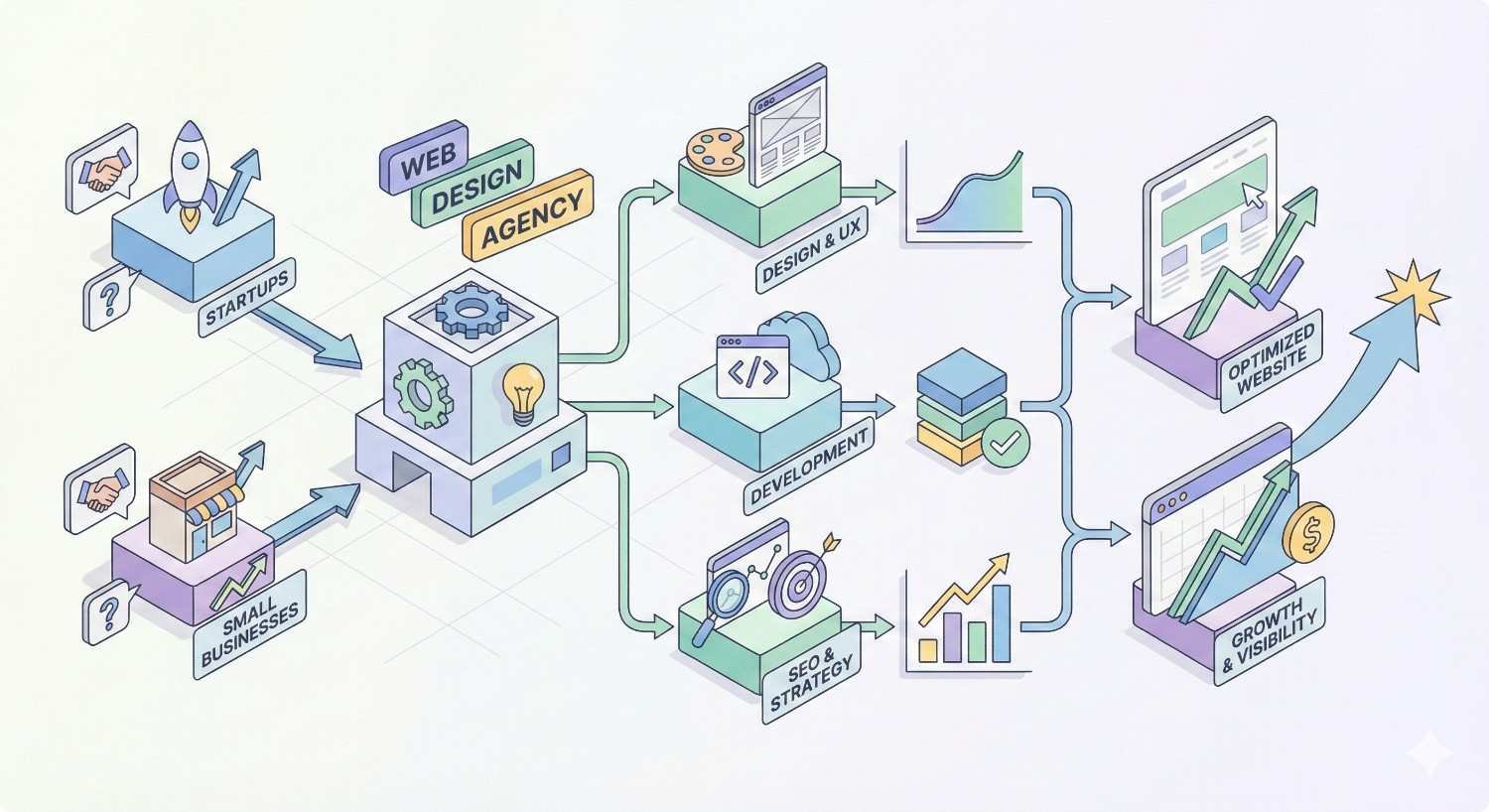 An infographic showing startups and small businesses working with a web design agency through design and UX, development, and SEO strategy, resulting in an optimized website and increased growth and visibility, illustrated with arrows, charts, icons, and pastel 3D blocks.