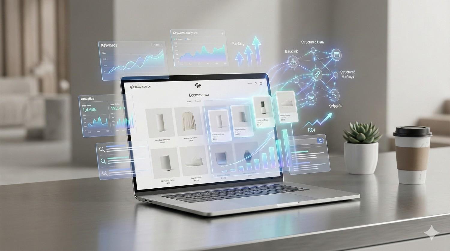 Laptop on a desk displaying an ecommerce product grid with holographic SEO overlays showing keyword analytics, rankings, backlinks, structured data, ROI, and rising performance graphs, beside a coffee cup and plant in a modern workspace.