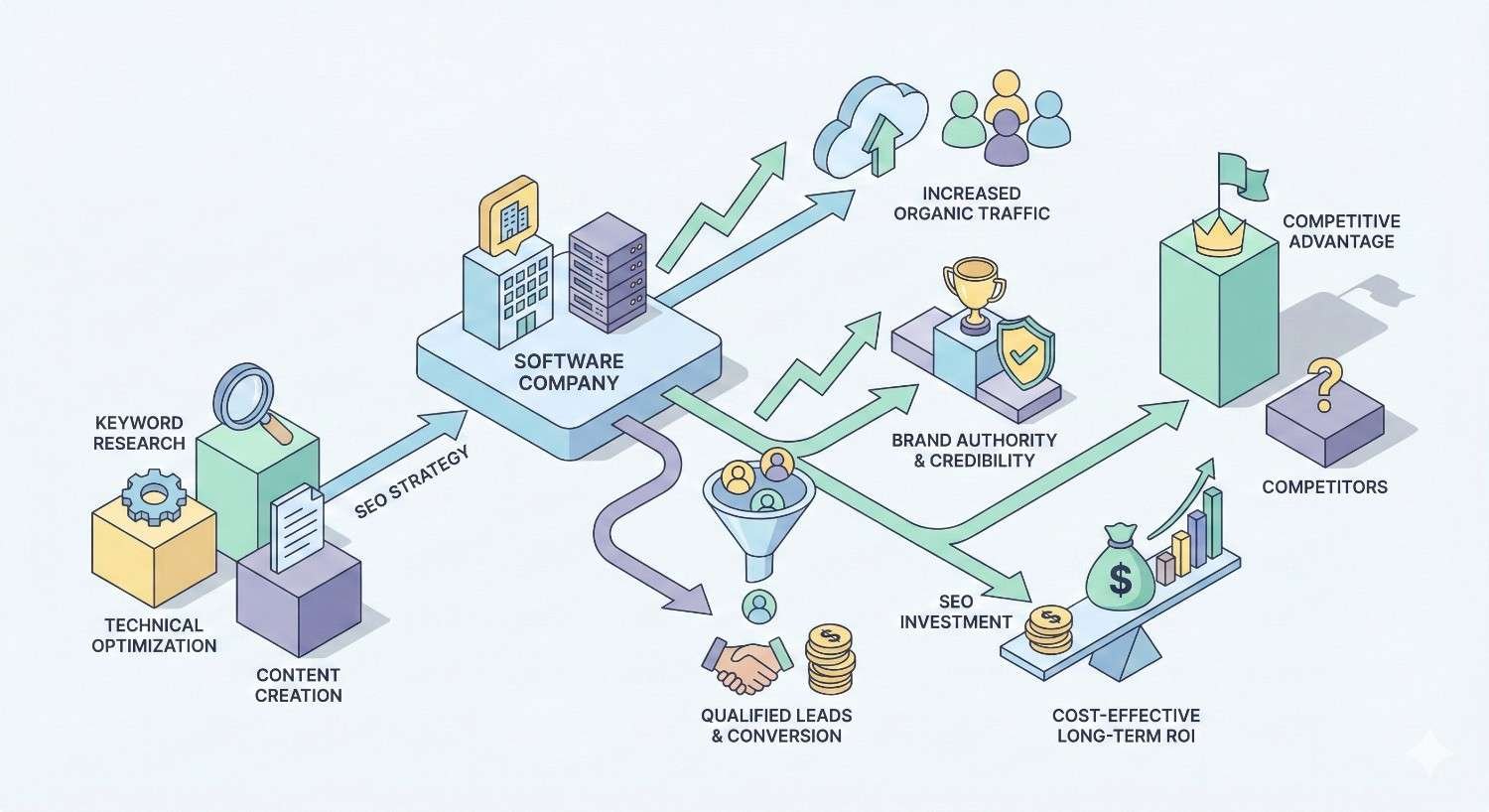 Illustration of a software company’s SEO strategy showing keyword research, technical optimization, and content creation leading to organic traffic growth, brand authority, qualified leads, competitive advantage, and cost-effective long-term ROI.