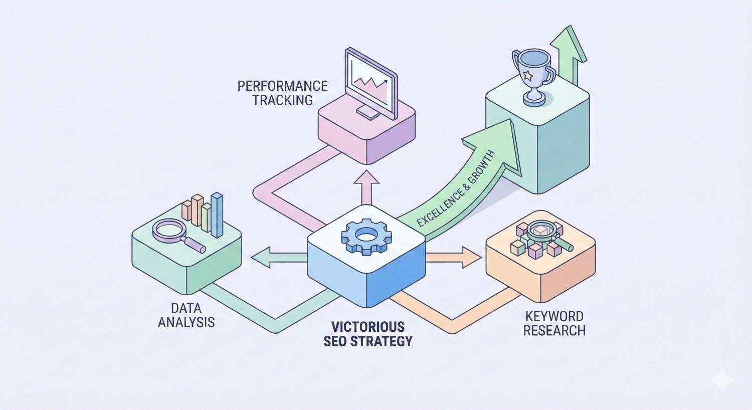 Isometric diagram centered on “Victorious SEO Strategy,” with arrows connecting data analysis, keyword research, and performance tracking, leading upward to a trophy labeled excellence and growth, illustrated through charts, magnifying glasses, gears, pastel blocks, and directional arrows showing optimization and success flow.
