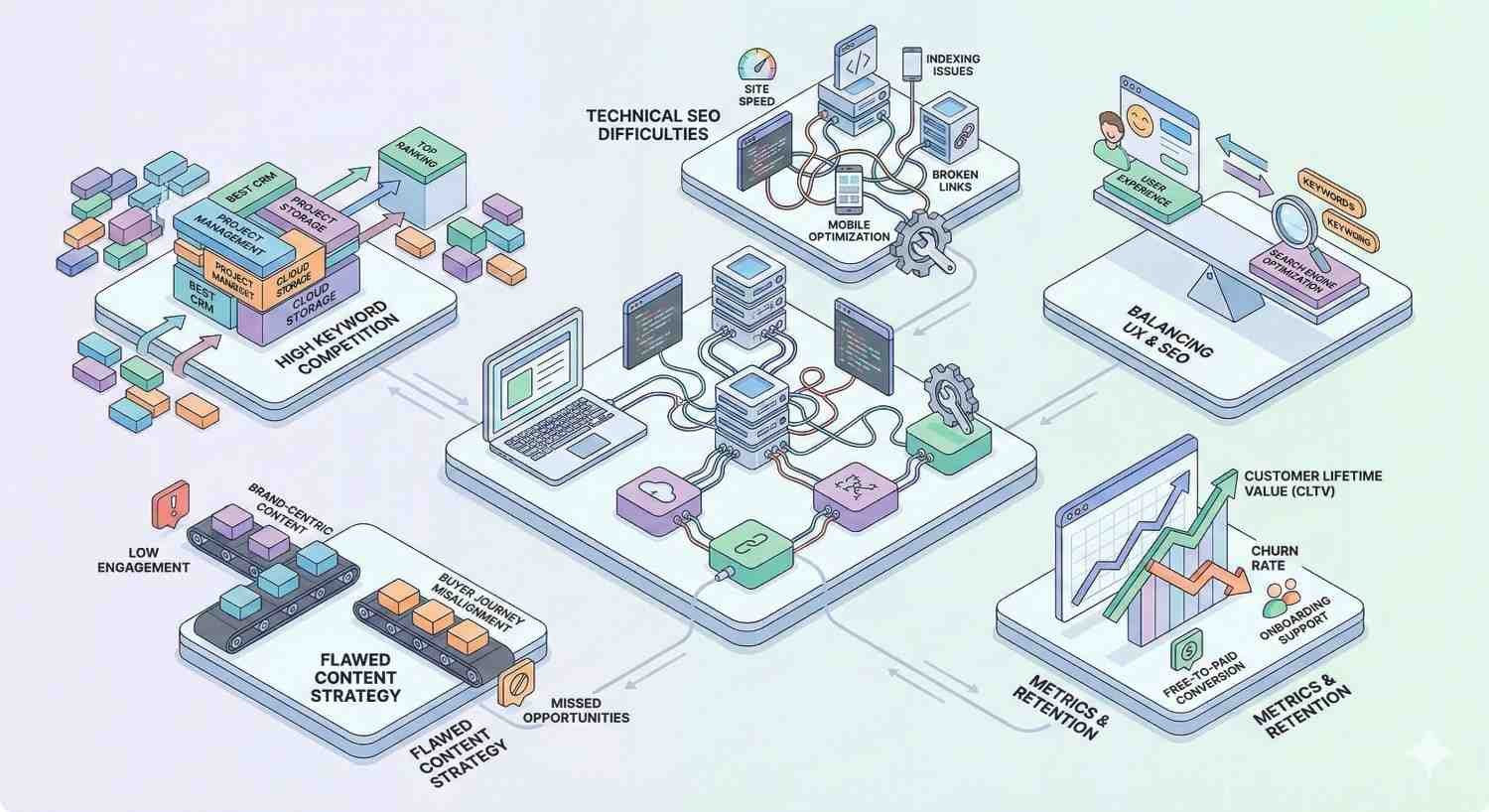 Isometric infographic showing SEO challenges and optimization areas, including high keyword competition, technical difficulties like broken links and indexing issues, flawed content strategy, UX balance, and metrics tracking for retention and lifetime value, illustrated with servers, dashboards, gears, arrows, and connected workflow platforms.