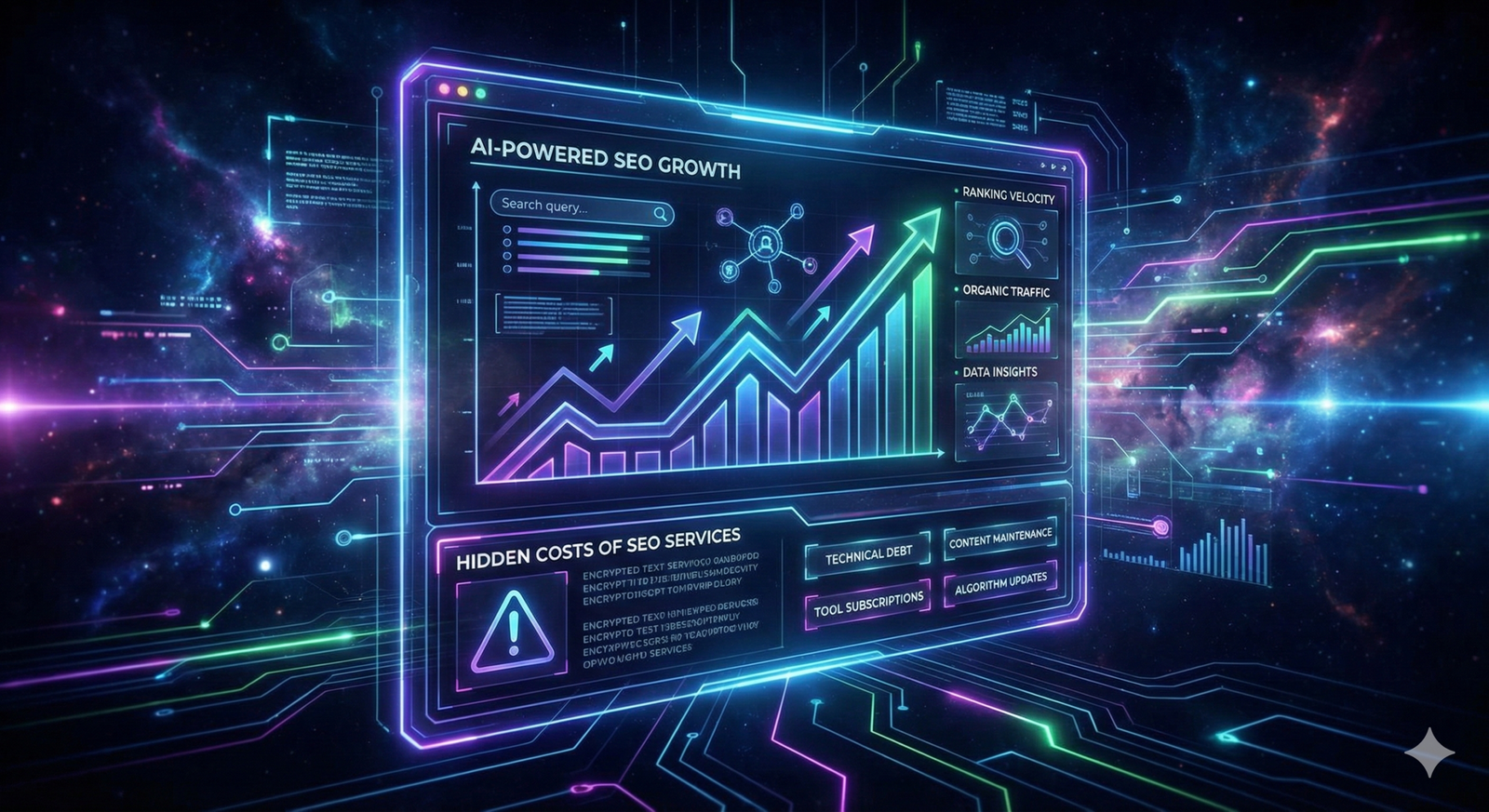 Futuristic neon interface showing AI-powered SEO growth dashboards with rising graphs, ranking velocity, organic traffic, and data insights, plus a warning panel about hidden SEO costs, floating within a glowing digital circuit space background.