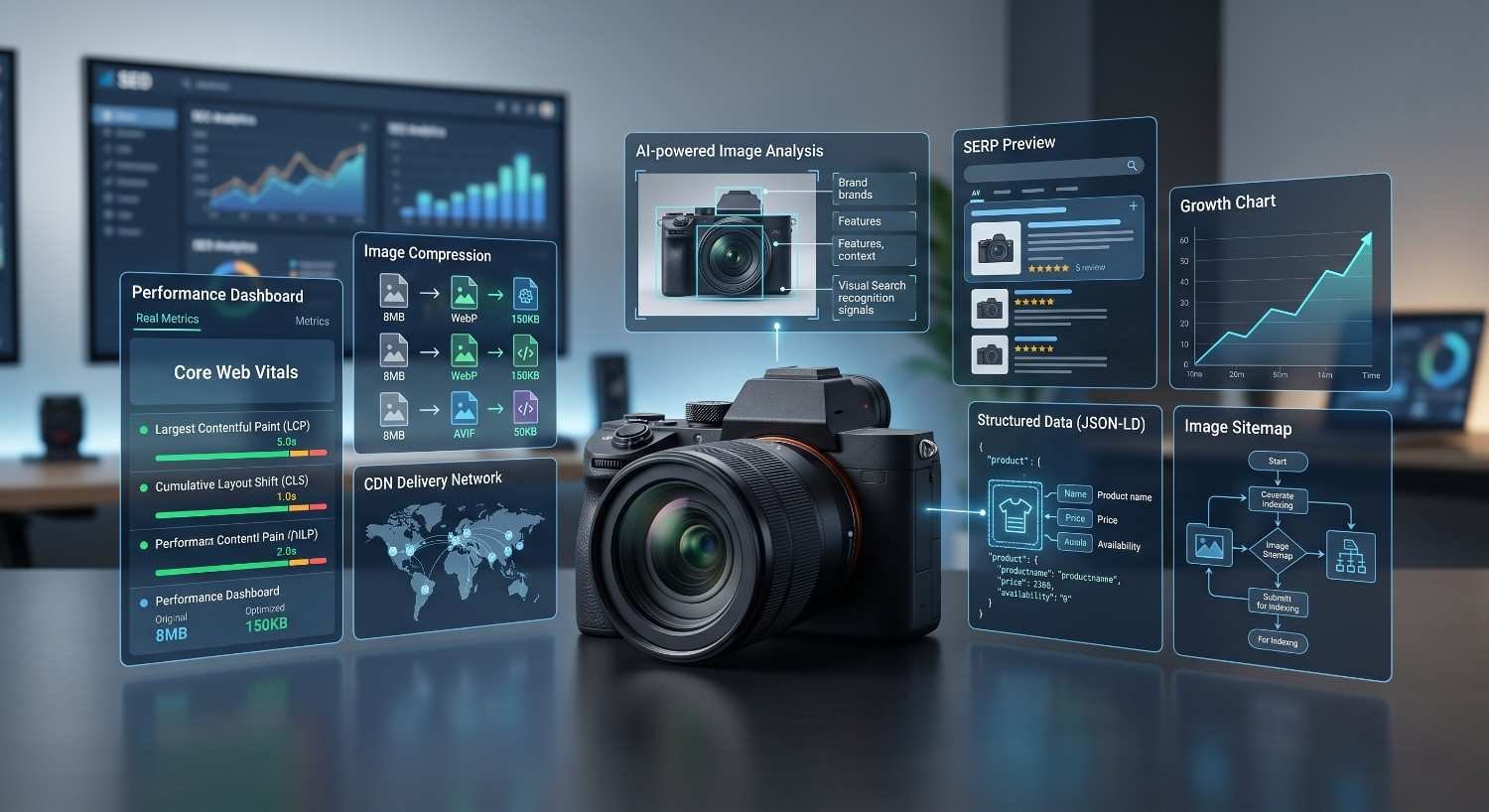 Digital camera surrounded by SEO optimization dashboards displaying image compression, Core Web Vitals, structured data, image sitemap, visual search, and SERP preview metrics, showcasing image SEO, website performance optimization, search visibility, and organic traffic growth strategies