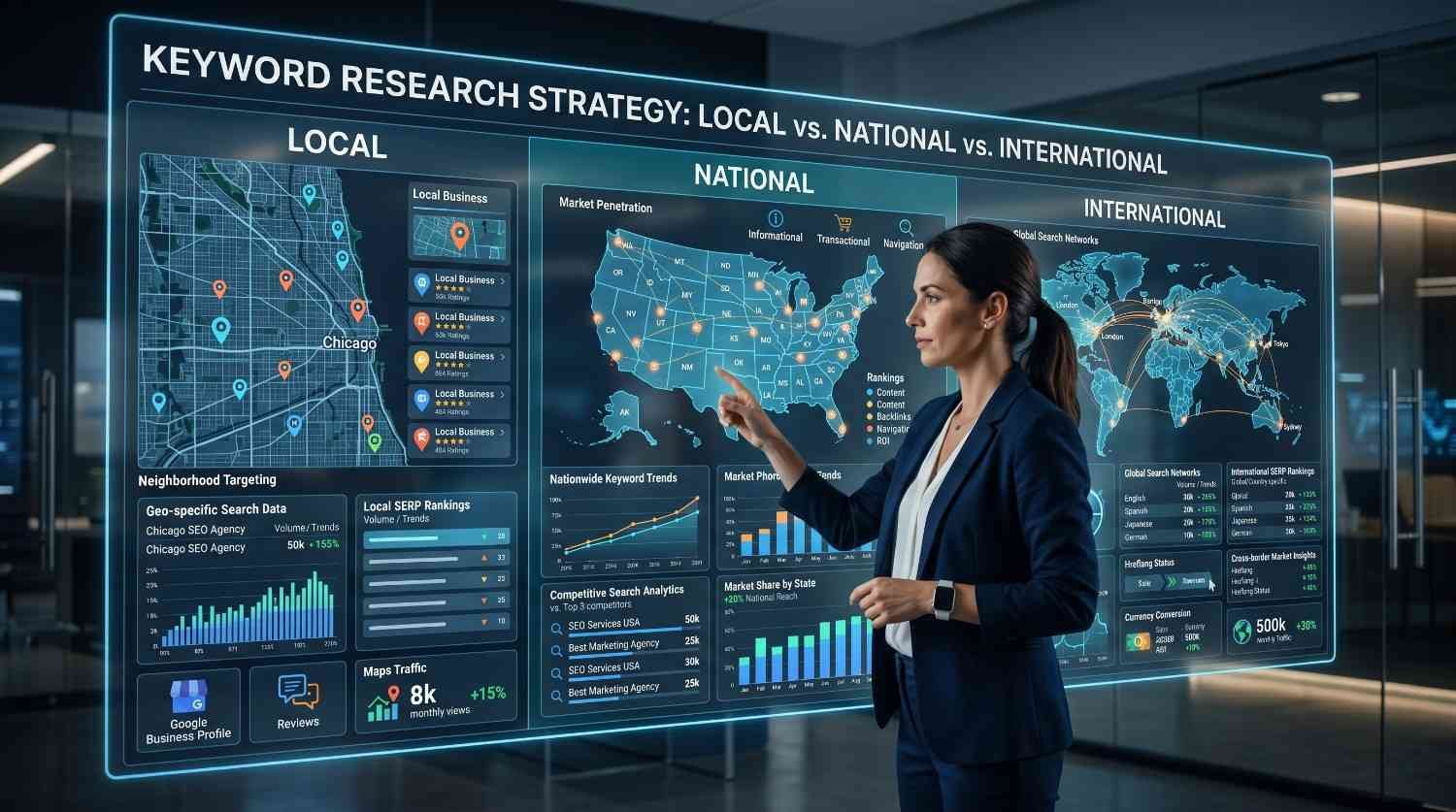 Keyword research strategy dashboard comparing local, national, and international SEO targeting, featuring geo-targeted search data, SERP rankings, market penetration analytics, global search trends, and business growth metrics. Marketing professional analyzing interactive maps and performance reports for search engine optimization, keyword planning, and digital marketing strategy.