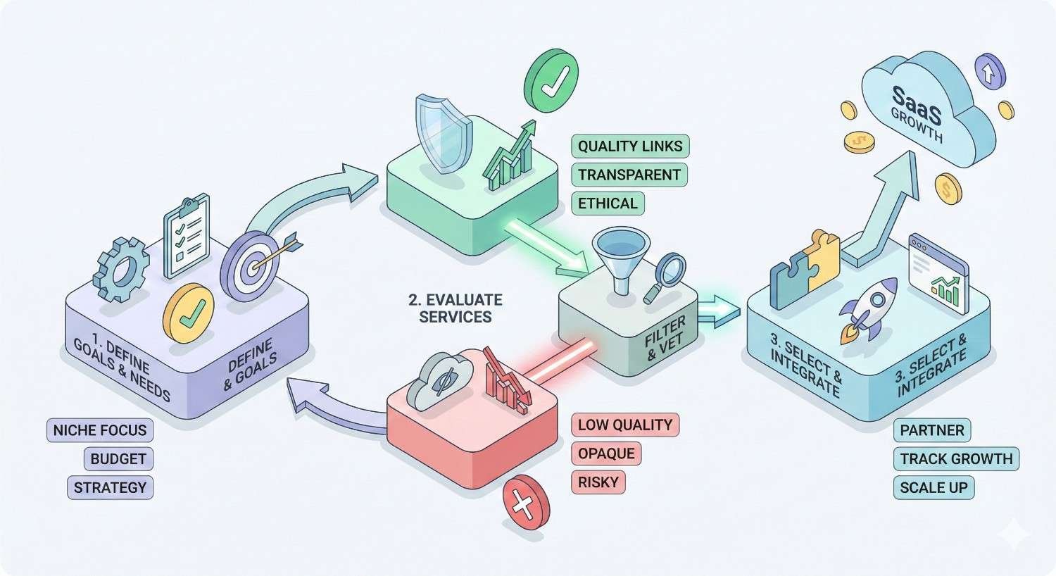 An infographic showing a SaaS link-building selection process: define goals, evaluate services for quality and ethics, filter risky options, then select and integrate partners to track growth and scale up, illustrated with arrows, shields, checkmarks, funnels, and rising charts.