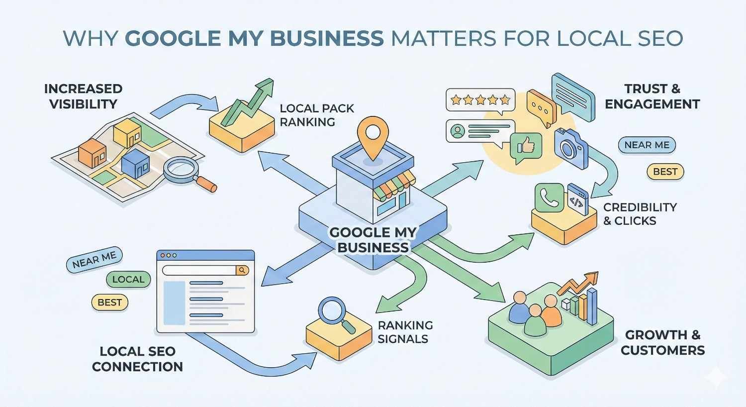 Isometric infographic titled “Why Google My Business Matters for Local SEO” showing a central business listing connected to local pack rankings, increased visibility, ranking signals, trust and engagement, credibility and clicks, and growth in customers from near-me searches.