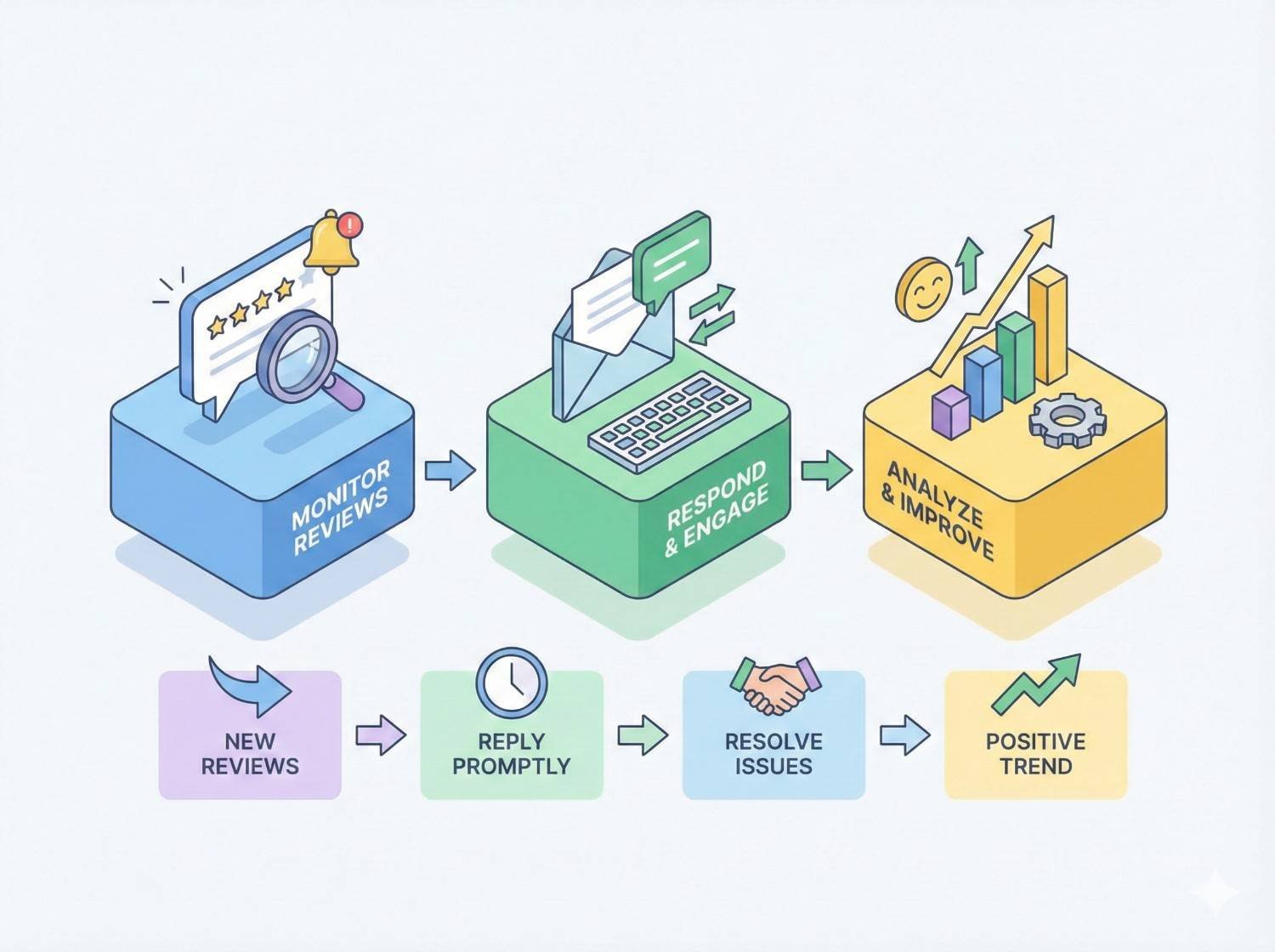 Isometric process diagram showing monitoring reviews, responding and engaging, then analyzing and improving, with steps below for new reviews, prompt replies, issue resolution, and positive trends, illustrating how active review management boosts performance and customer satisfaction.