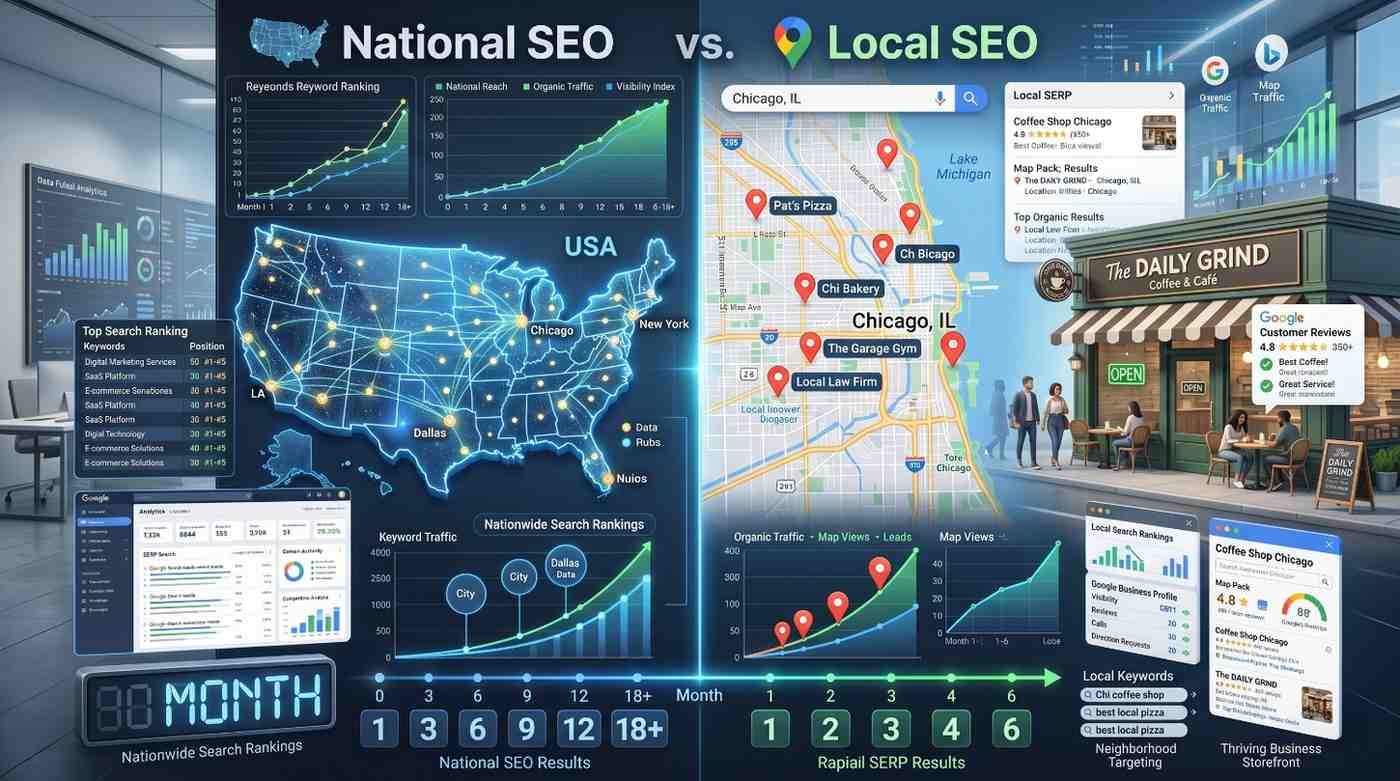 National SEO vs Local SEO comparison dashboard illustrating keyword rankings, organic traffic growth, nationwide search visibility, local SERP performance, Google Business Profile optimization, map pack rankings, and lead generation metrics. Digital marketing visualization comparing national search engine optimization strategies with local SEO tactics for business growth and visibility.