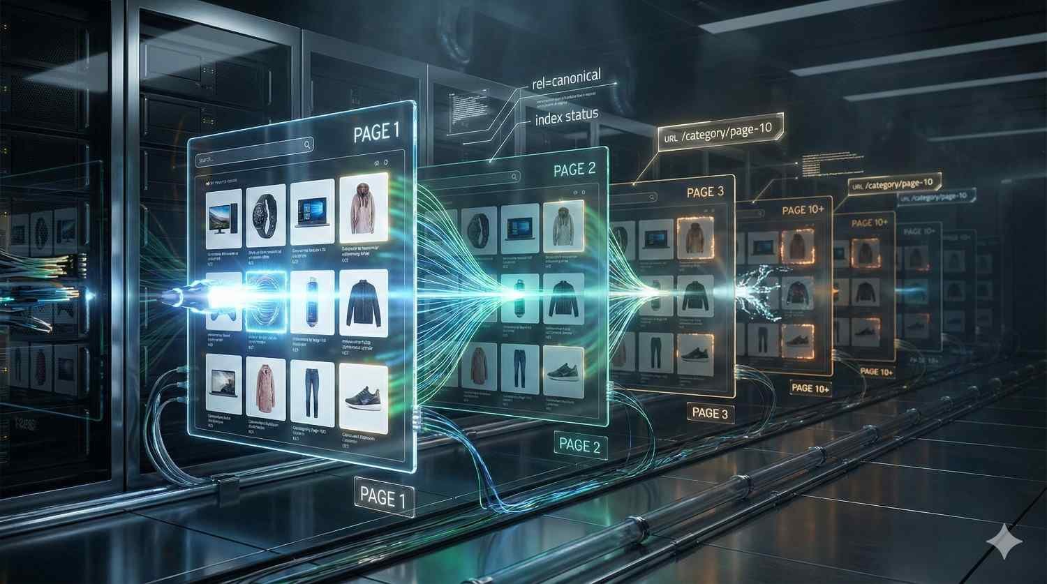 A futuristic data center shows holographic ecommerce pages labeled Page 1 through Page 10+, with product grids, indexing signals, canonical tags, and glowing data streams flowing between servers, illustrating large-scale site architecture, crawling, and technical SEO optimization.