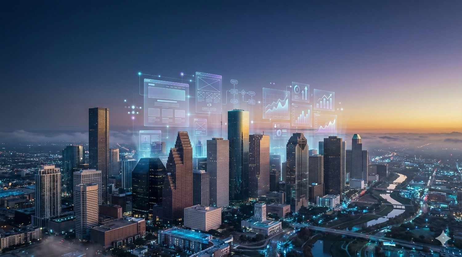 A modern city skyline at dusk with glowing holographic analytics panels floating above skyscrapers, showing charts, dashboards, and data interfaces that suggest smart city systems, digital transformation, and AI-driven business insights across the urban landscape.