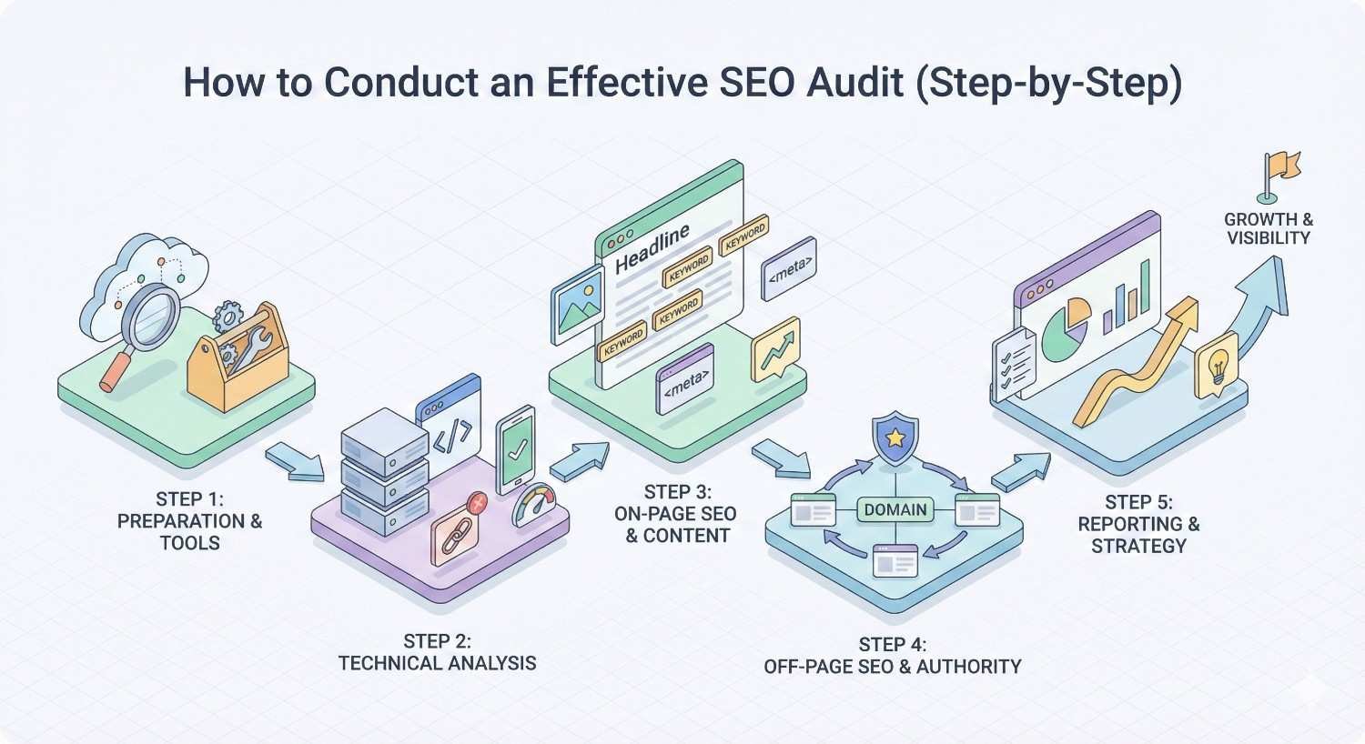 Infographic titled “How to Conduct an Effective SEO Audit” showing five steps: preparation and tools, technical analysis, on-page SEO and content, off-page authority, and reporting and strategy, illustrated with isometric platforms, arrows, charts, servers, and a growth indicator.
