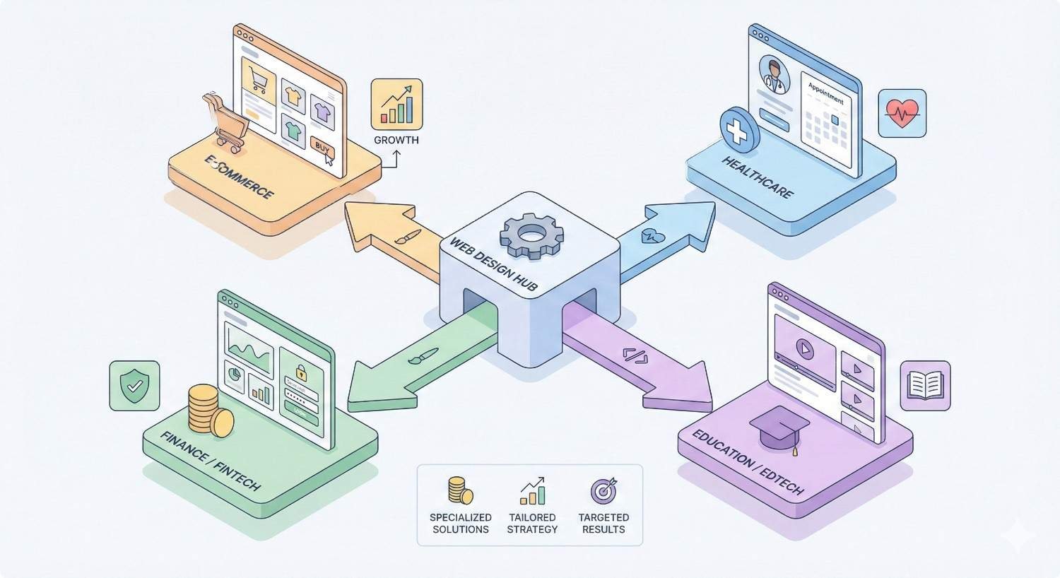 Isometric diagram of a central “Web Design Hub” connecting to industries like e-commerce, healthcare, finance and fintech, and education edtech, with arrows showing growth and customized delivery, plus icons for specialized solutions, tailored strategy, and targeted results around each platform.