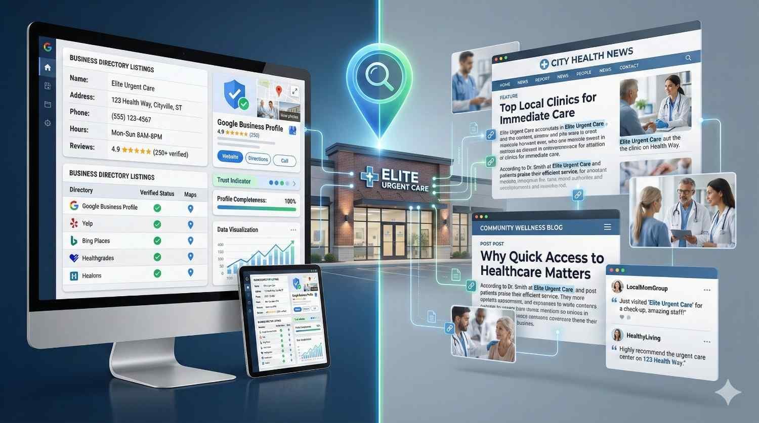 A modern urgent care clinic shown with digital overlays illustrating local SEO and online presence—business listings, Google profile ratings, maps, analytics dashboards, news articles, blog posts, and social reviews—highlighting how local search visibility drives patient trust and clinic growth.