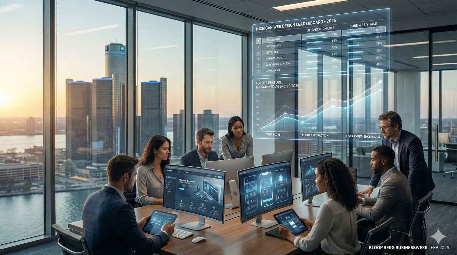 A business team meets in a glass-walled office overlooking a city skyline, analyzing dashboards on multiple monitors and a transparent wall display titled “Michigan Web Design Leaderboard 2026,” showing SEO performance, core web vitals, and ranking charts while colleagues collaborate around a conference table.