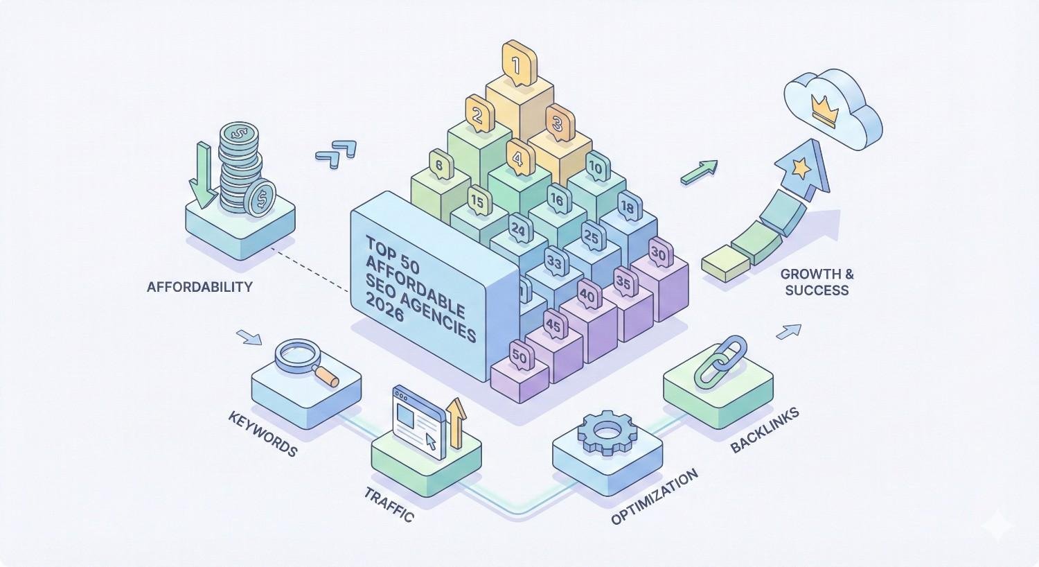 Isometric graphic of a pyramid ranking “Top 50 Affordable SEO Agencies 2026,” surrounded by icons for affordability, keywords, traffic, optimization, backlinks, and growth, with arrows showing progress and success toward the top-ranked agency.