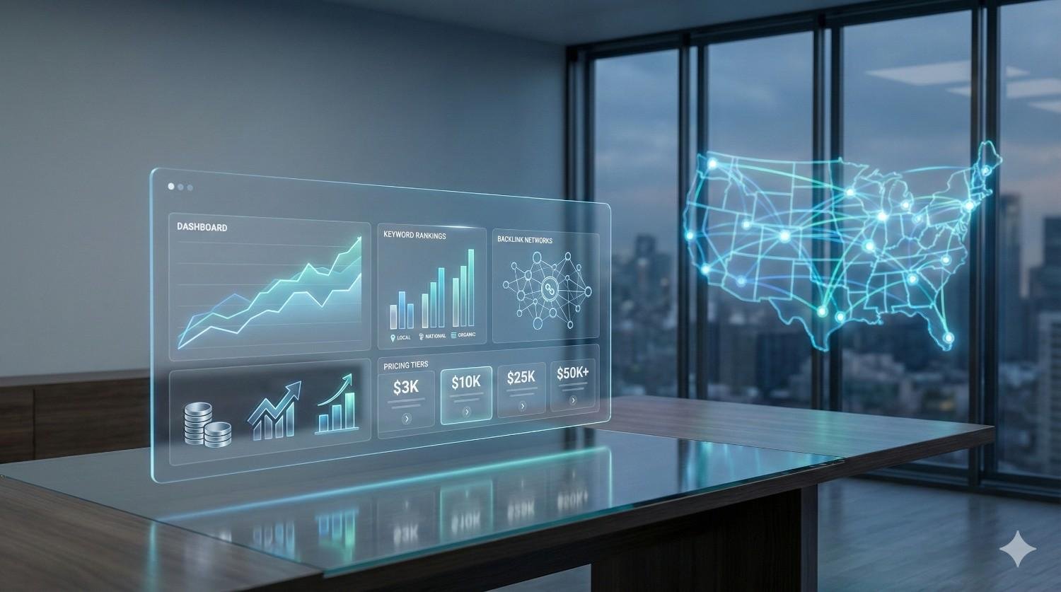 A futuristic office table displays a floating SEO analytics dashboard with rising graphs, keyword rankings, backlink networks, and pricing tiers, while a glowing holographic map of the United States appears near floor-to-ceiling windows overlooking a city skyline at dusk.