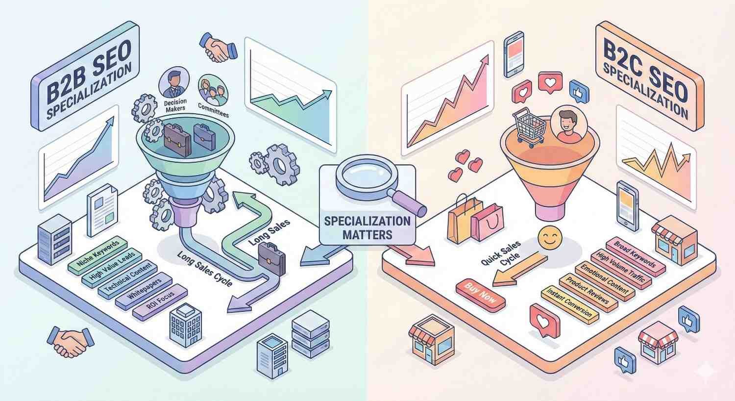 Split isometric illustration comparing B2B and B2C SEO specializations, with funnels, charts, and icons showing long sales cycles, decision makers, and ROI on the B2B side, and quick sales, shopping carts, social likes, product reviews, and emotional triggers on the B2C side.