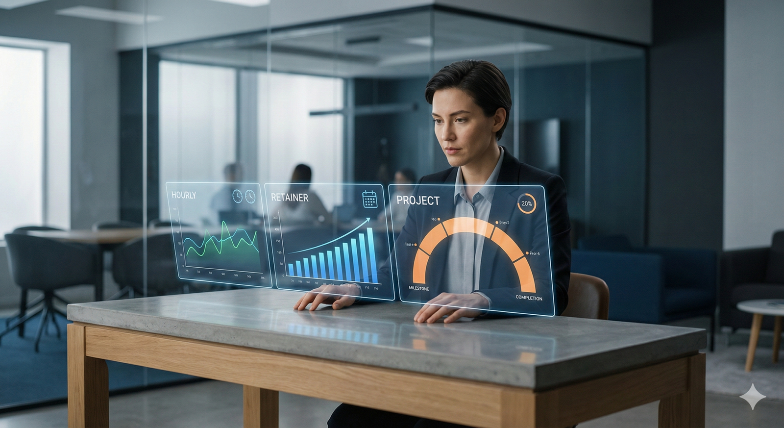 Business professional reviewing SEO pricing models on a transparent digital interface, showing hourly, retainer, and project-based performance charts, representing SEO service pricing comparison, budgeting decisions, and data-driven planning in a modern office environment.