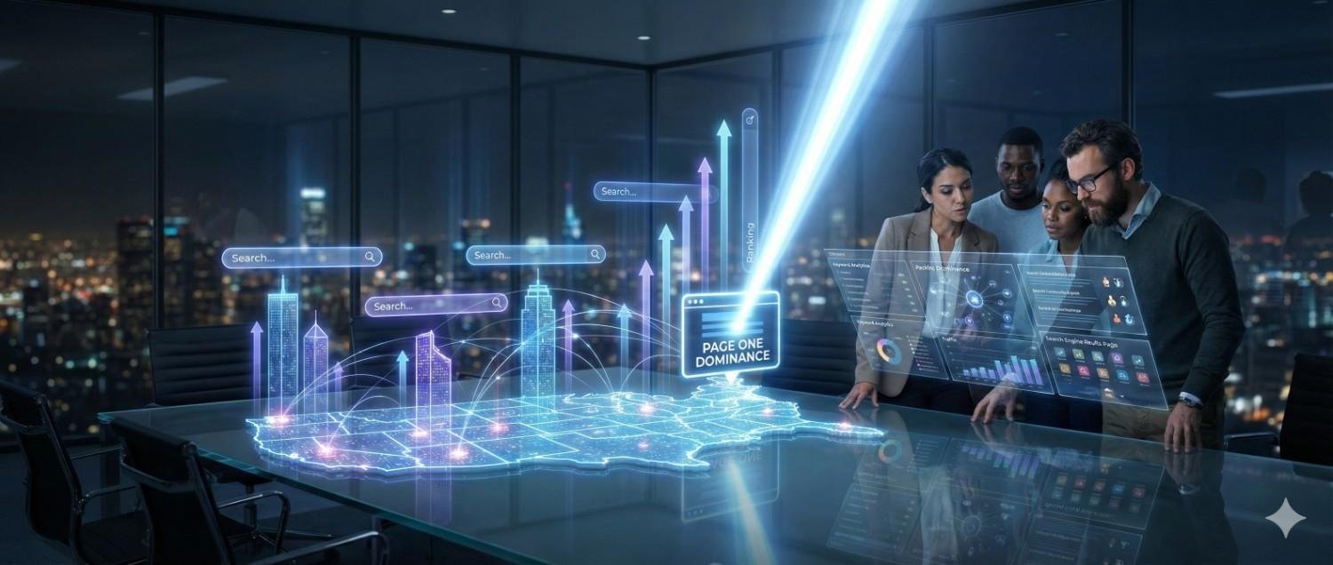 A futuristic office scene where a team studies holographic SEO dashboards and search bars rising over a glowing city map on a conference table, with upward arrows and a “page one dominance” marker symbolizing data-driven optimization and search ranking growth.