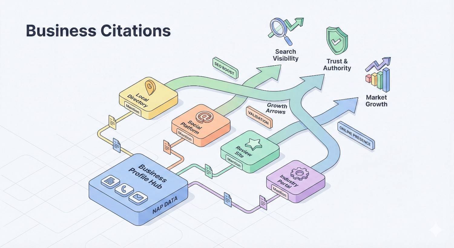 Isometric diagram titled “Business Citations” showing a central business profile hub with NAP data connected to local directories, social platforms, review sites, and industry portals, with arrows leading to improved search visibility, trust and authority, online presence, and market growth.