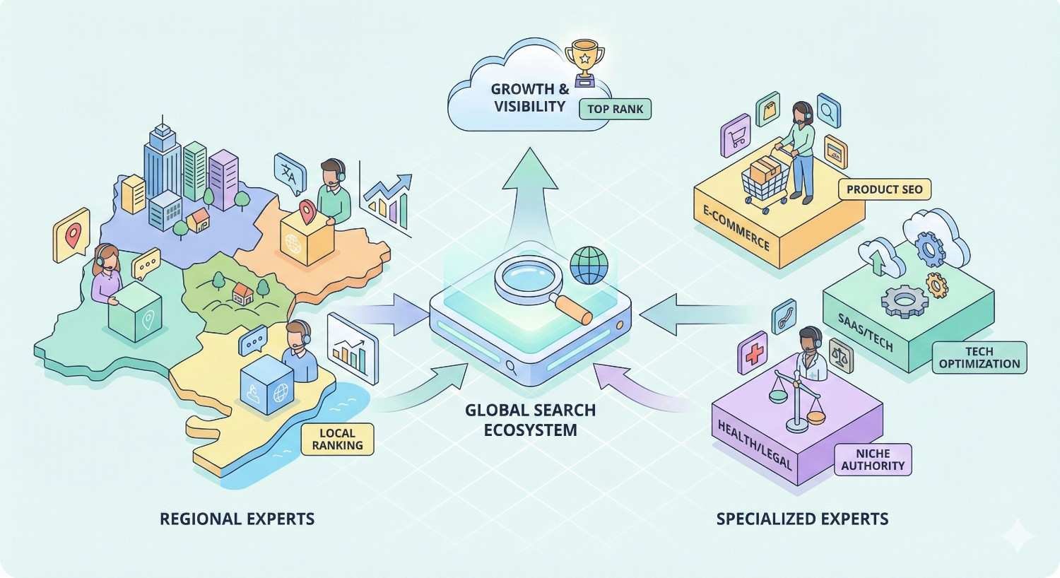Isometric infographic showing a global search ecosystem linking regional experts and specialized industries like ecommerce, SaaS, and healthcare, all driving local rankings, niche authority, product SEO, and tech optimization toward growth, visibility, and top search rankings worldwide.