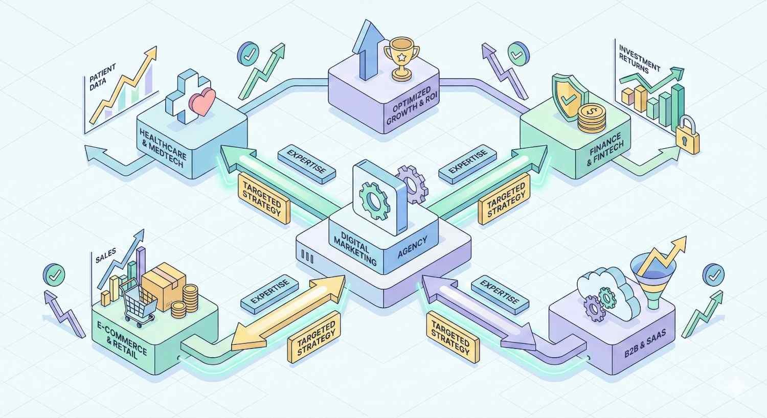 Isometric infographic of a digital marketing agency delivering targeted strategies and expertise to sectors like healthcare, finance, ecommerce, and B2B SaaS, driving optimized growth, ROI, sales, and investment returns through arrows, charts, shields, trophies, and connected industry blocks.