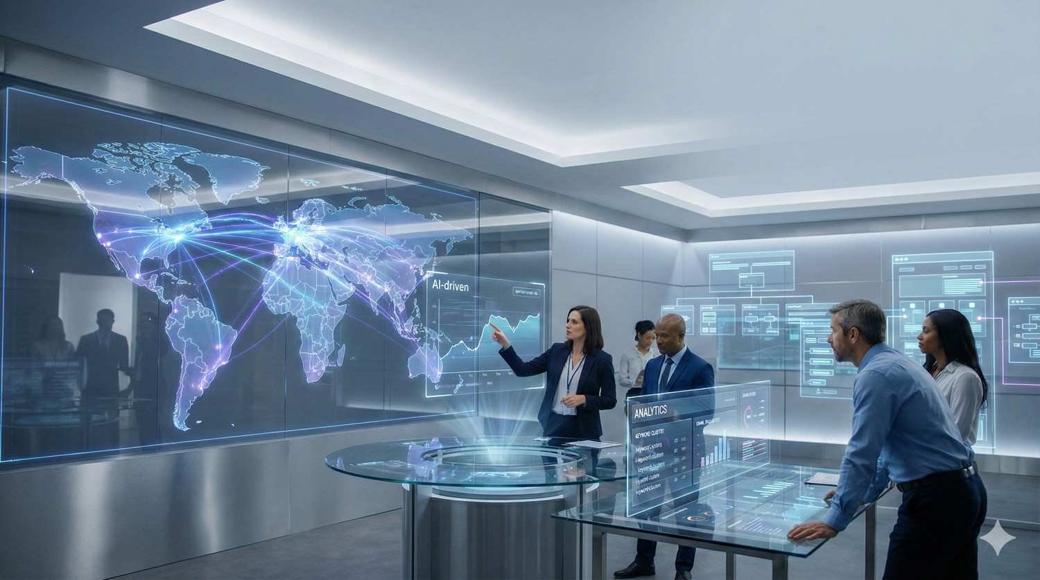 A team in a futuristic conference room studies holographic world maps and analytics dashboards as a presenter points to glowing global data connections, AI-driven charts, and workflow diagrams displayed across glass walls and interactive tables.