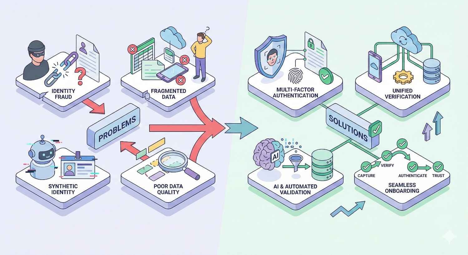 Split-screen illustration comparing identity verification problems and solutions: issues like identity fraud, fragmented data, synthetic identities, and poor data quality on one side, contrasted with multi-factor authentication, unified verification, AI-driven validation, and seamless onboarding that builds trust and accuracy.