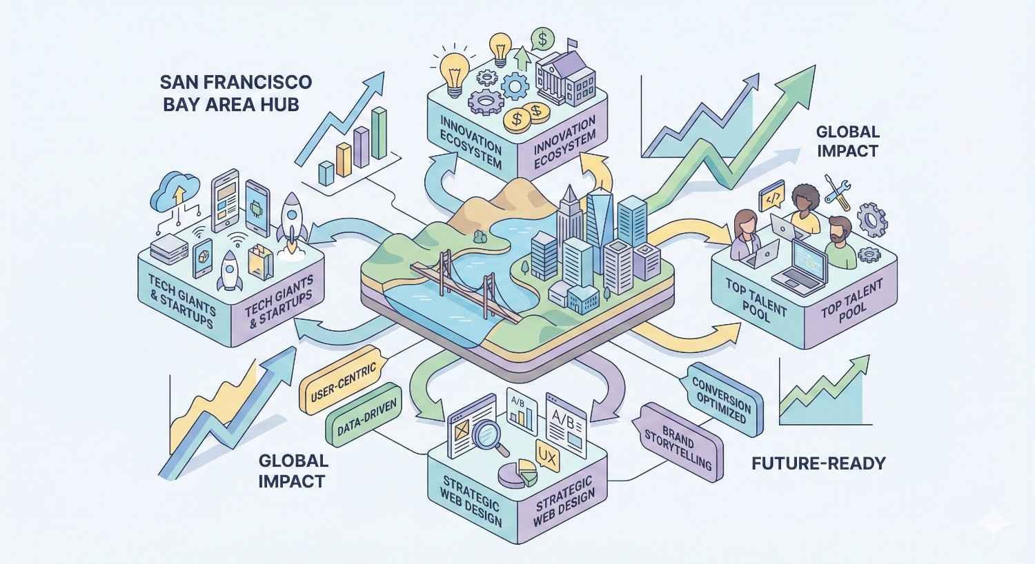 An infographic of the “San Francisco Bay Area Hub” showing a central cityscape connected to innovation ecosystems, tech giants and startups, top talent pools, strategic web design, and global impact, with arrows highlighting user-centric, data-driven, future-ready growth and conversion optimization.