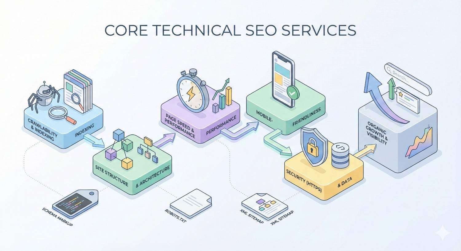 Illustration titled “Core Technical SEO Services” showing crawlability, indexing, site architecture, page speed, mobile friendliness, HTTPS security, structured data, sitemaps, and performance improvements leading to higher organic traffic and search visibility.