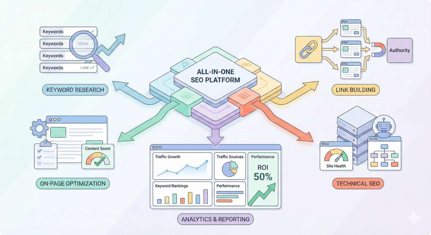 Diagram of an “All-in-One SEO Platform” connecting keyword research, on-page optimization, link building, technical SEO, and analytics dashboards, with arrows leading to traffic growth, rankings, site health, and ROI performance metrics.