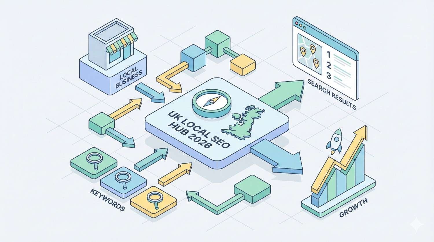 Isometric diagram labeled “UK Local SEO Hub 2026” showing a central map of the UK connected to local businesses, keywords, search results, and growth charts, with arrows illustrating traffic flow and ranking improvements.