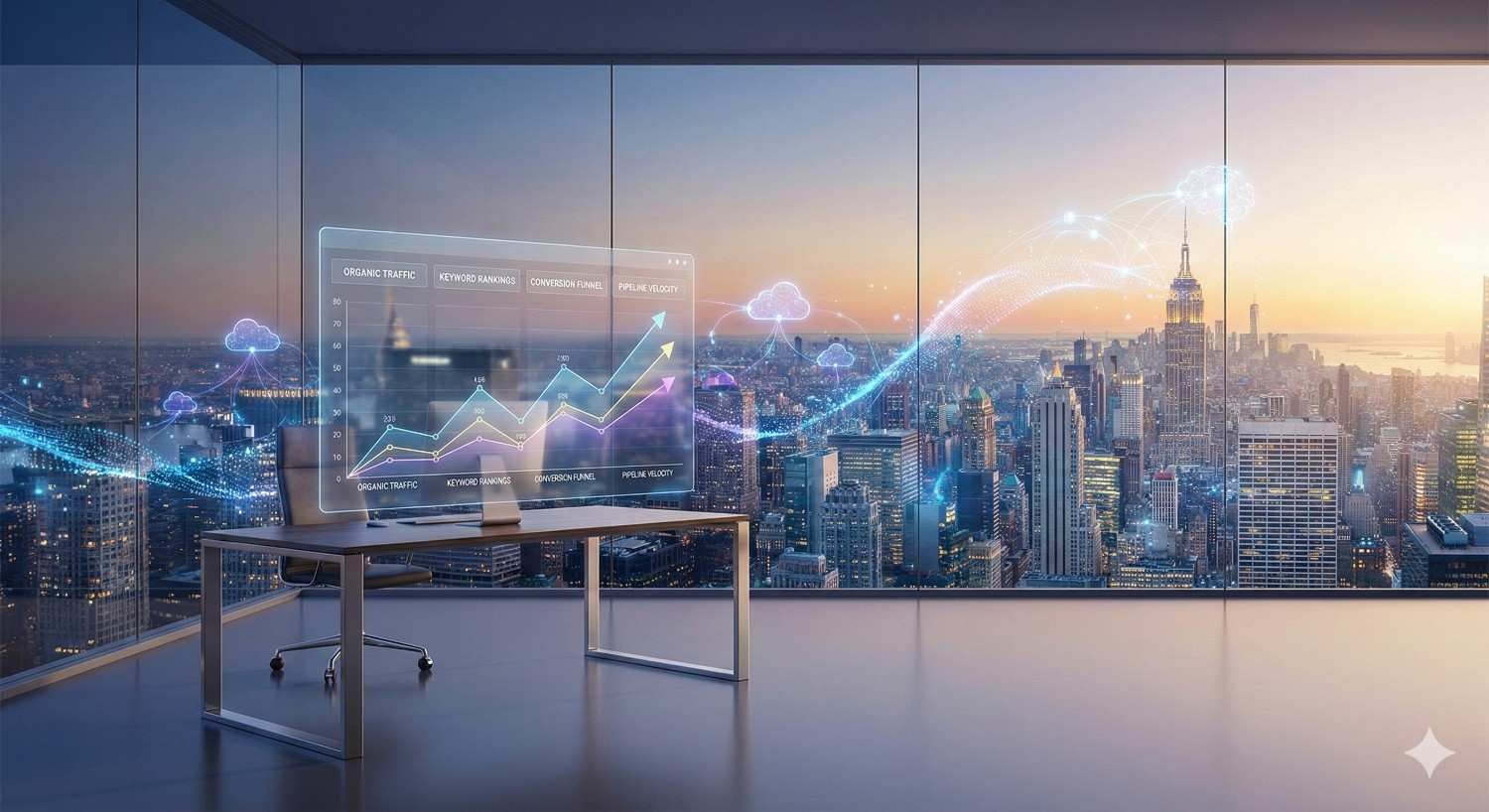 A modern office overlooks a city skyline at sunset with holographic SEO dashboards showing organic traffic, keyword rankings, and conversion funnels, while glowing data streams flow across skyscrapers, symbolizing cloud-driven analytics and large-scale digital marketing growth.