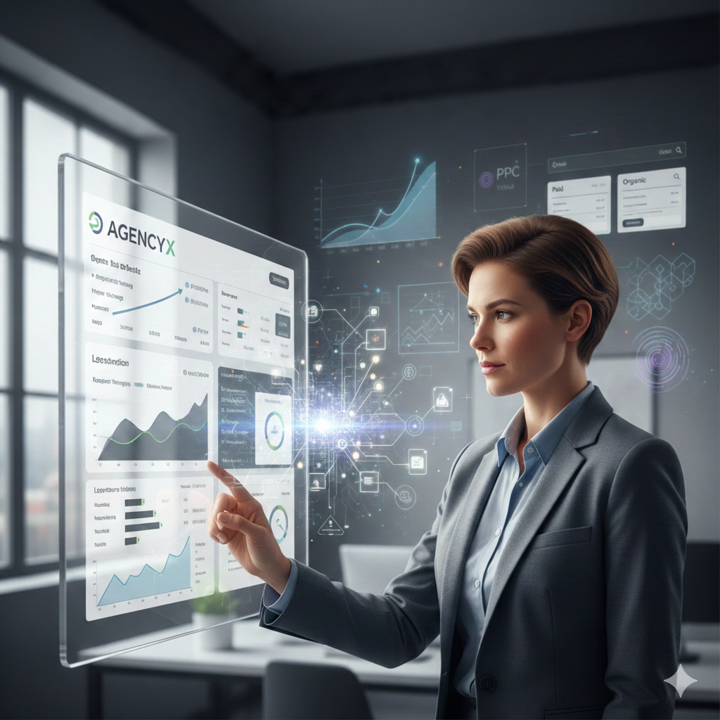 Marketing professional analyzing an interactive SEO dashboard labeled AgencyX, with charts showing organic growth, PPC, and performance metrics, while AI data visualizations float in the background, representing advanced SEO analytics, strategic optimization, and data-driven digital marketing decisions.