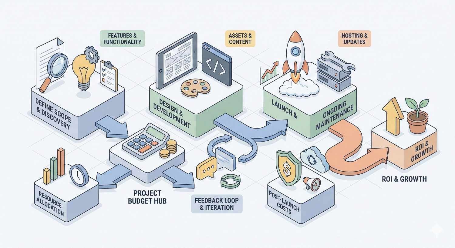 An isometric workflow diagram shows web project stages from scope and discovery to design and development, launch, hosting, and maintenance, linked with budgeting, resources, feedback loops, post-launch costs, and arrows leading to ROI and growth icons like shields, coins, charts, and plants.
