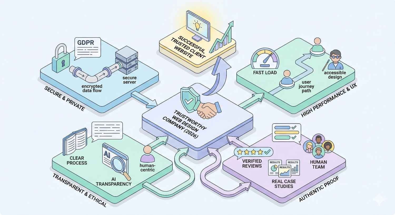 Isometric infographic centered on “Trustworthy Web Design Company 2026,” with arrows linking to pillars like secure and private data, transparent and ethical practices, high performance and UX, authentic proof, human-centric design, verified reviews, fast loading, GDPR compliance, and a successful trusted website outcome.
