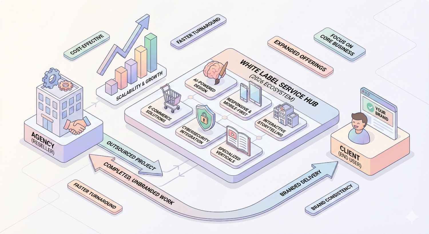An infographic showing a white-label service hub where agencies outsource projects, gain scalability and faster turnaround, and deliver branded work to clients, with icons for AI design, mobile-first sites, e-commerce, security, interactive content, growth charts, and cost-effective expansion.