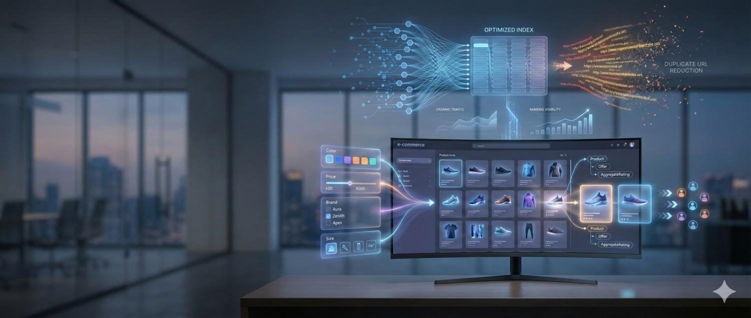 Large monitor in a modern office displays an e-commerce dashboard with shoe listings, filters, and product grids. Holographic overlays show optimized index flows, duplicate URL reduction, traffic graphs, and data streams, illustrating advanced SEO optimization and digital catalog management.